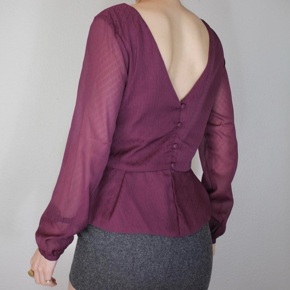 Astr Tops - ASTR S Peplum plum hem pilgrim button back ruffle waist sheer arm blouse classic